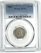 1865 Three Cent Nickel : PCGS AU53