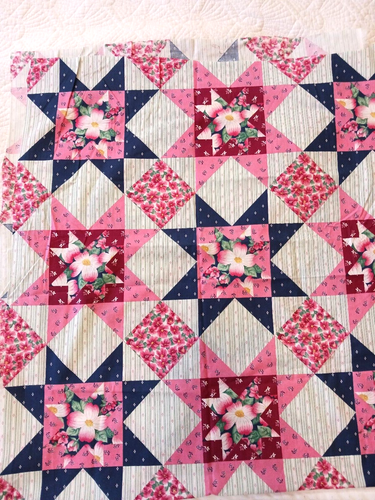 Vtg Faux Patchwork Fabric Cheater Starburst Quilt Blue Pink Cherry Blossoms 2 Pc - Picture 4 of 12