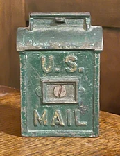 Vintage Original Green Cast iron U.S. Mail Mailbox still bank A.C. Williams 