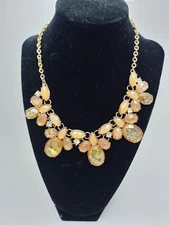 Vintage Bib Choker Necklace Peach Color Abalone Shell Rhinestones Gold Tone