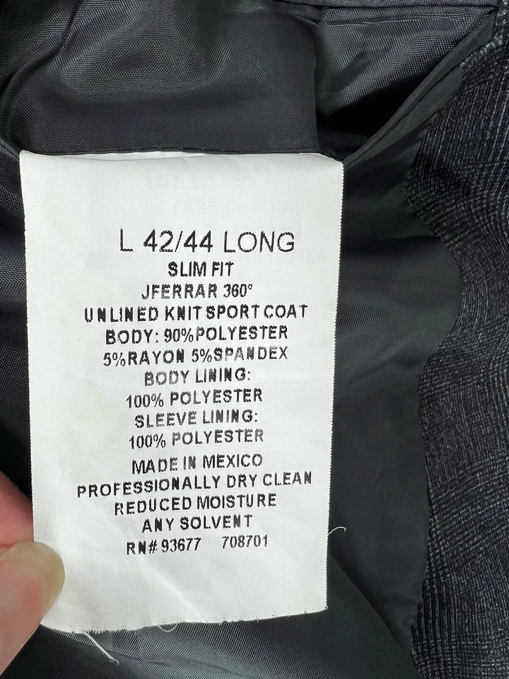 J Ferrar Blazer 42 44 L Plaid Gray Sport Coat Jacket 2 Button Tweed Men Slim EUC - Image 2 of 4