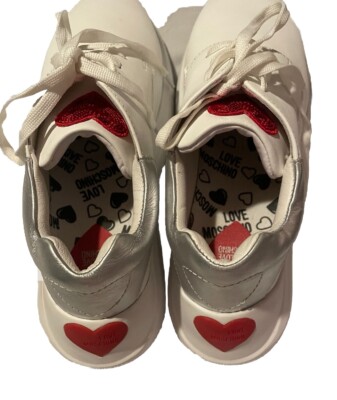 Love Moschino White Lace Up Sneakers w/ Red Hearts Women s size 7 Runs Big