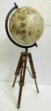 "Antique Style Nautical World Globe w/ Wooden Tripod Stand - Vintage Decor"