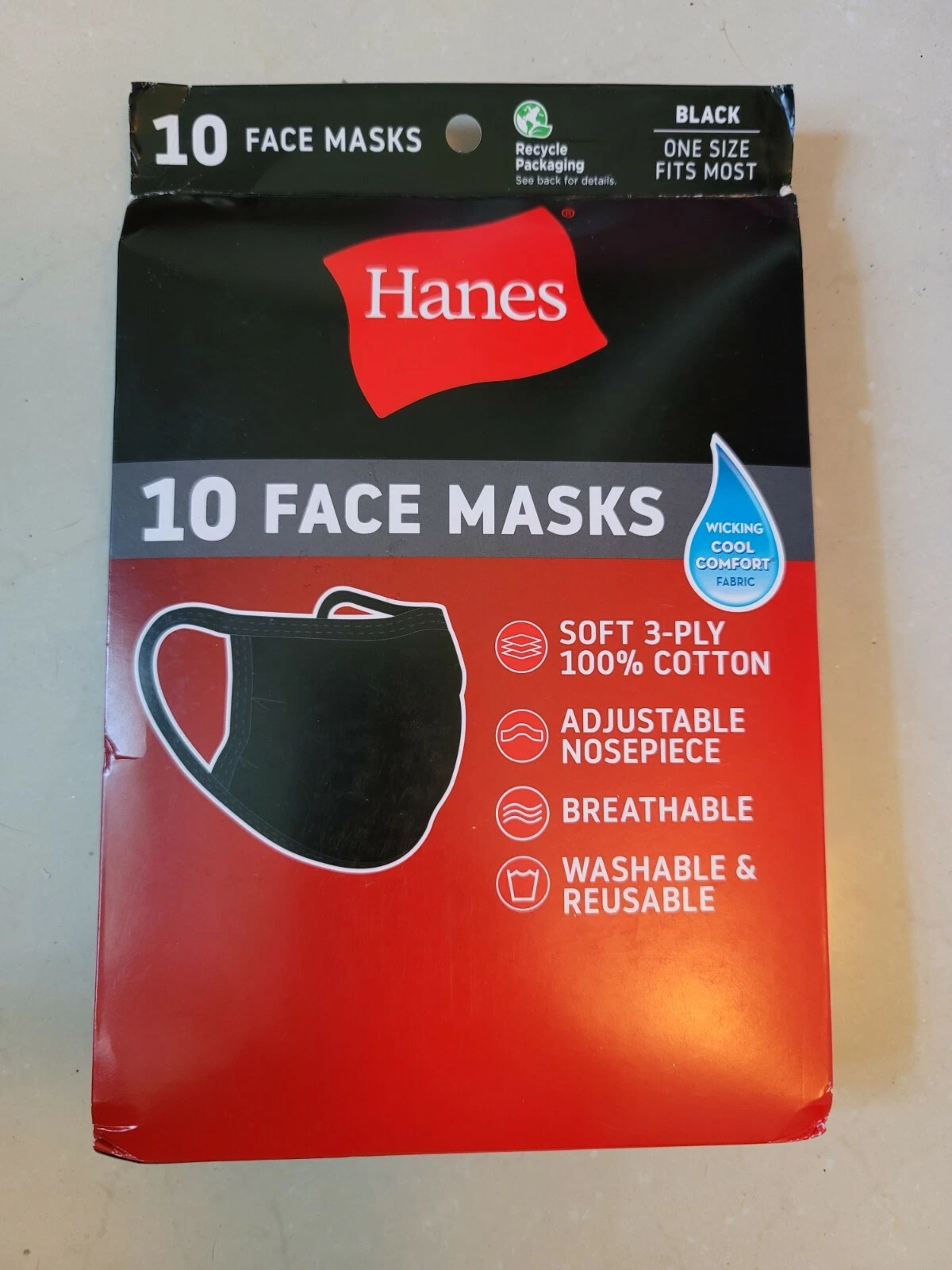 10 Pack - Hanes Black 100% Cotton Face Mask Washable Protective Cover Facemask