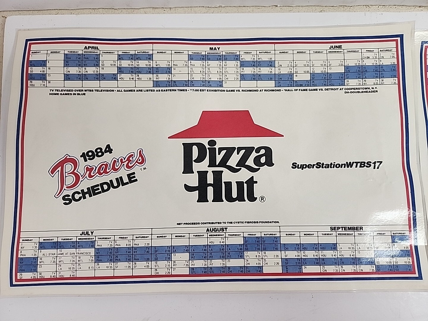 2 1984 Pizza Hut Atlanta Braves Schedule Plastic Placemats eBay