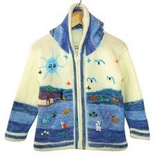 Kinder Strickjacke blau weiß Gr.98*104 Kapuze Bauernhof Tiere Peru Alpaka Lama