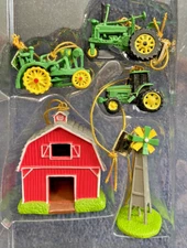 John Deere 5 piece Miniature Ornaments Set Tractors Barn Windmill Farm theme