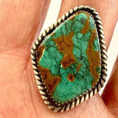 Navajo Turquoise Ring Sz 9 Flat Cab Sterling Signed Selina Warner Native Amer