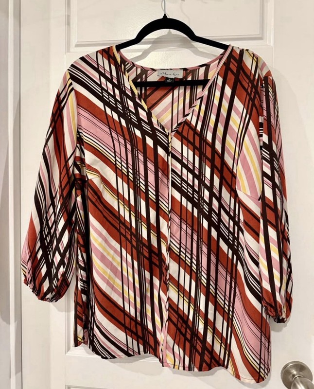 Meera Lane 1X Blouse Striped V-Neck Red Pink Yellow Brown White