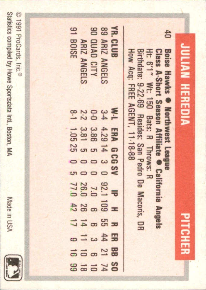 Julian Heredia 1991-92 ProCards Tomorrow's Heroes #40 RC Boise Hawks - Image 2 of 2