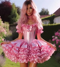 Sweet Pink Satin Ruffled Corset Mini Dresses Off-Shoulder Lolita Party Costume