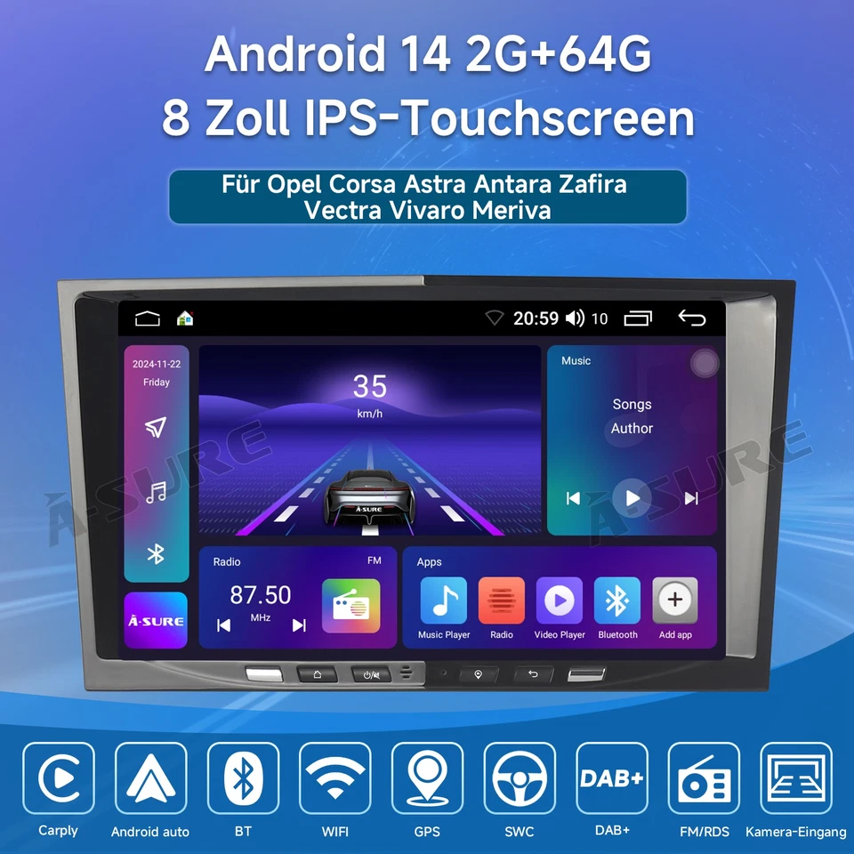 64G Für Opel Corsa C/D Zafira B Astra G H Android 14 Apple Carplay Autoradio GPS - Bild 2 von 4