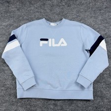 FILA Vtg Fleece Sweatshirt Size L Pullover Crewneck Logo Applique Blue
