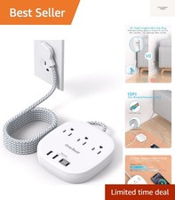 10Ft Flat Plug Power Strip, Ultra Thin Extension Cord - 3 Outlets 4 USB Ports...