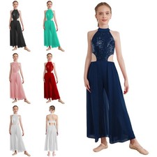 Kids Girls Costume Ballet Jumpsuit Lyrical Dancewear Sleeveless Dance Sequins