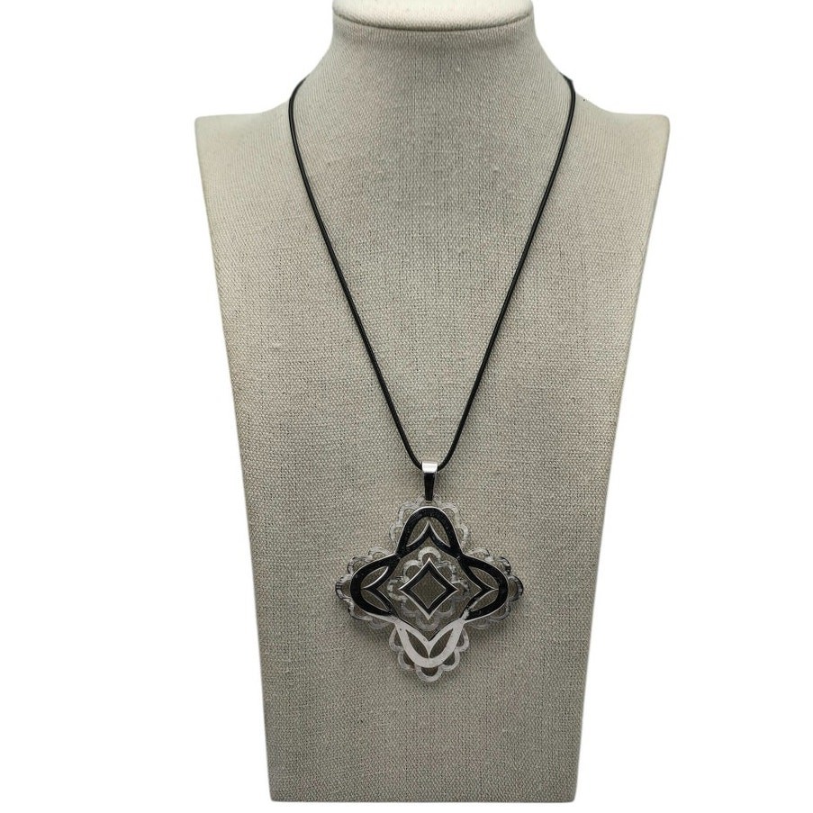 Geometric Silver & Black Enamel Statement Pendant… - image 8