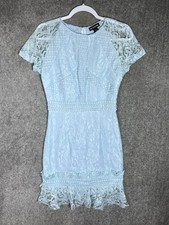 Pretty Little Thing Dress Womens Size 6 Blue Lace Overlay Raw Edges Crochet