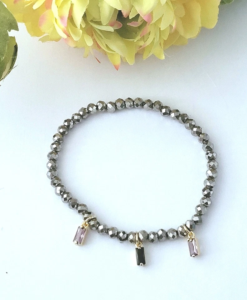 Sylvie's Handmade Kristall Armband grau metallic mit 3 Anhänger, 18 cm, Neu/H070 - Bild 3 von 3