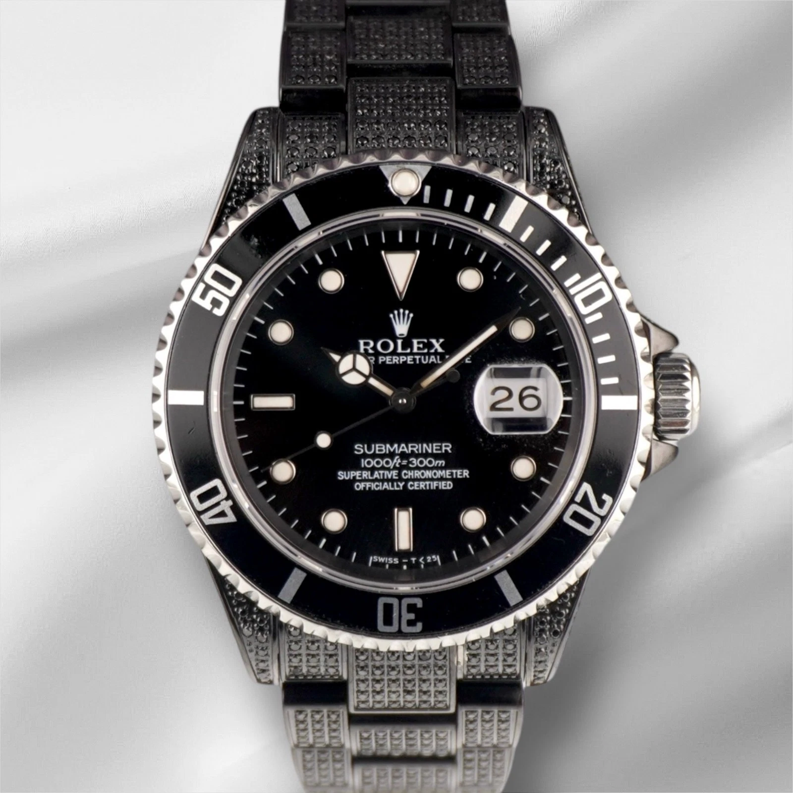 Rolex — Rolex Submariner Date 40mm Black Iced Out 5ct Diamonds Oyster Steel Watch 16610