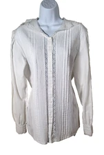 Vtg JCP HUNT CLUB White Cotton Linen Dressy Holiday Pintuck Lace White Blouse 12