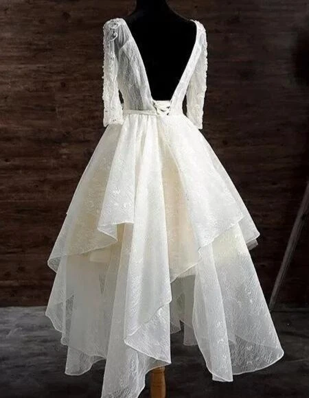Vestidos de novia cortos hasta el té encaje línea A volantes núcleo sin espalda vestido de novia Foto 3 de 4