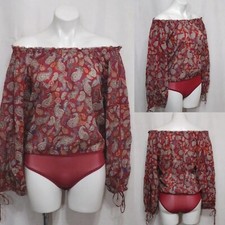 Free People Balloon Sleeves Sundown Paisley Print Off The Shoulder Bodysuit Top