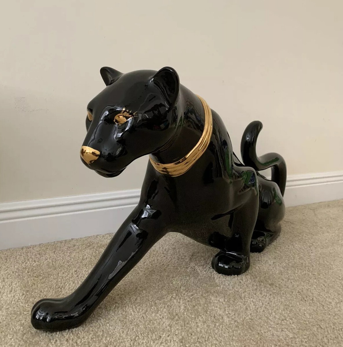 RARE VINTAGE Large CERAMIC BLACK PANTHER CAT LONG Gold | eBay