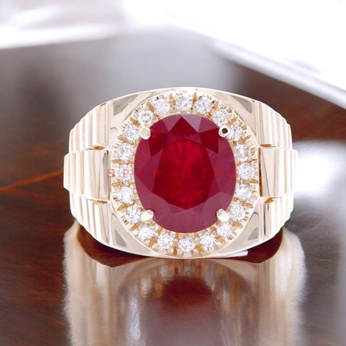 Ruby Oval Cut Gemstone With 925 Sterling Silver Gold Plated Ring For Men's #E345 - Picture 2 of 6