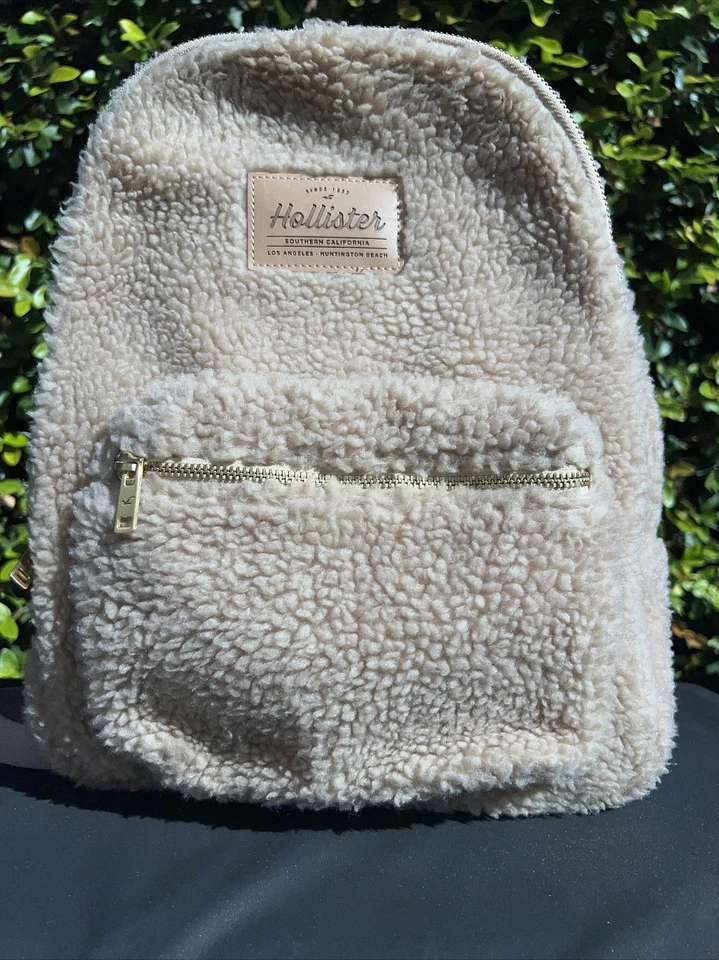 🎒Hollister желтовато-коричневый шерпа плюшевый рюкзак с золотой молнией + передний карман - Изображение 2 из 4