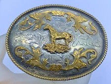 VINTAGE ALPACA SILVER GOLD PLATED ORNATE HORSE BELT BUCKLE SOUTHWESTERN MEXICO