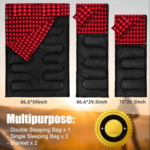 Double Sleeping Bag Flannel for Adults Kids, Queen Size for 2 Person