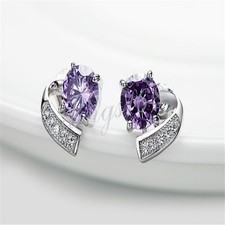 Solid 925 Sterling Silver Tarnish-Free Purple Crystal Heart Post Earrings X1049