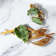 Jade Jewelry Set Carved Jadeite Leaf Brooch Earrings 12k GF Signed Vintage