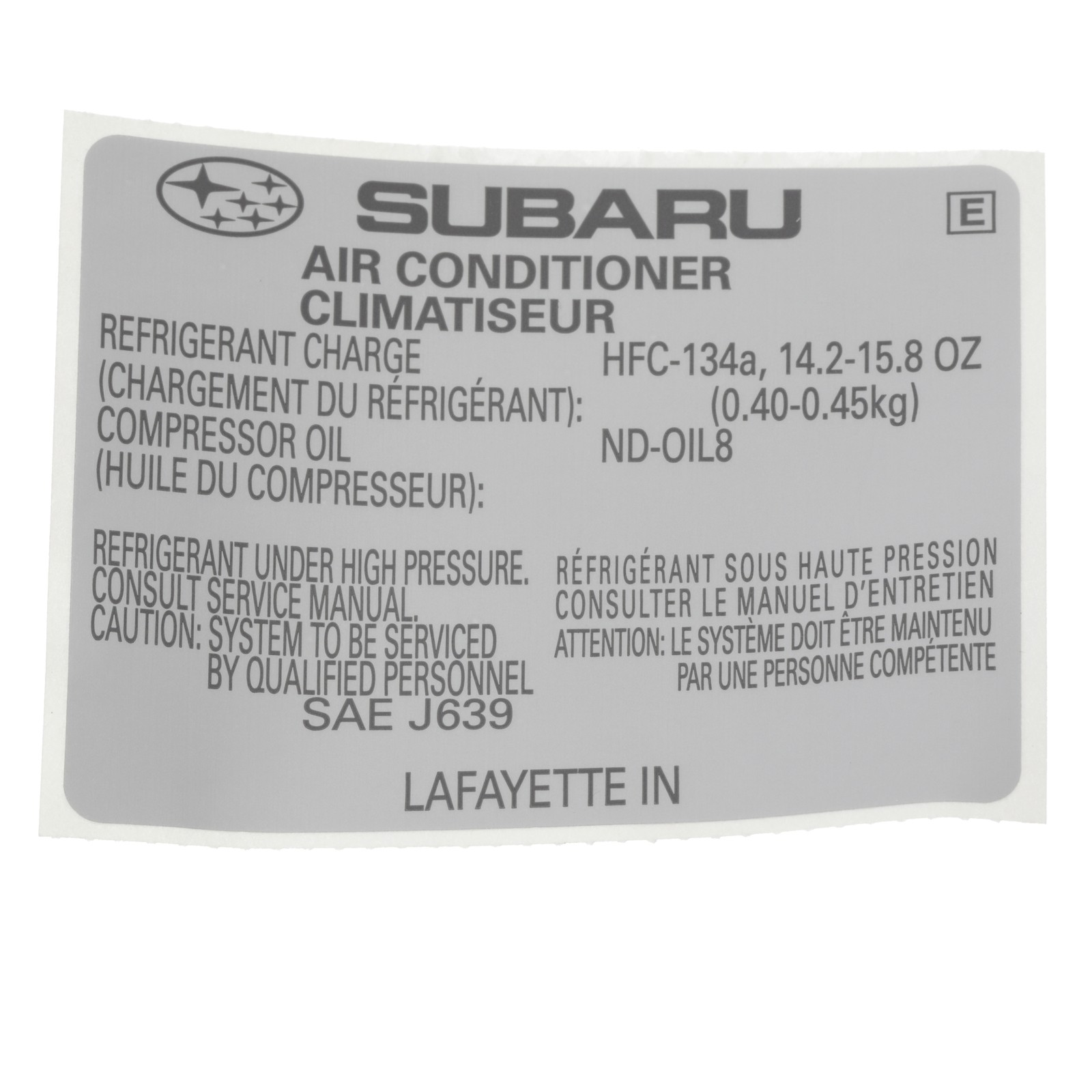 Etiqueta del sistema de aire acondicionado para Subaru Legacy Outback 2010-2013 (P/N 73772AJ05A)