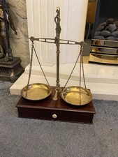Antique Brass Scales With Wooden Base.