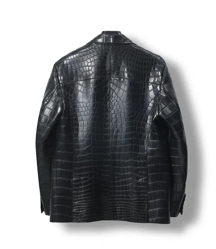 Men's Black Leather Blazer Regular Fit Real Luxury Crocodile Pattern Formal Coat image 3