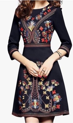 LAI MENG FIVE CATS Size L (6) Black Embroidered Floral Party Dress Career Luxury