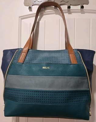 NWT RELIC Emma Tote Purse Expand Green Multi Blue Stripe Double Shoulder Straps
