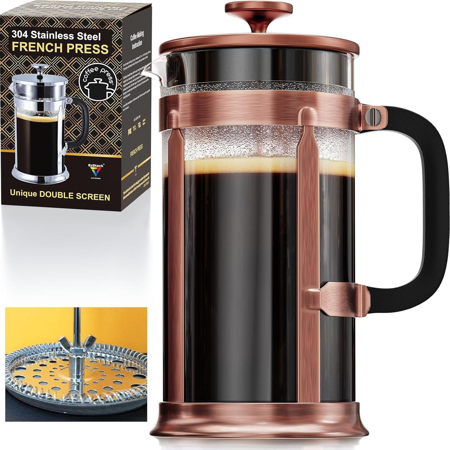 Ezdtach French Press Coffee Maker with 2 Extra Screens, 34Oz, French Press Stain