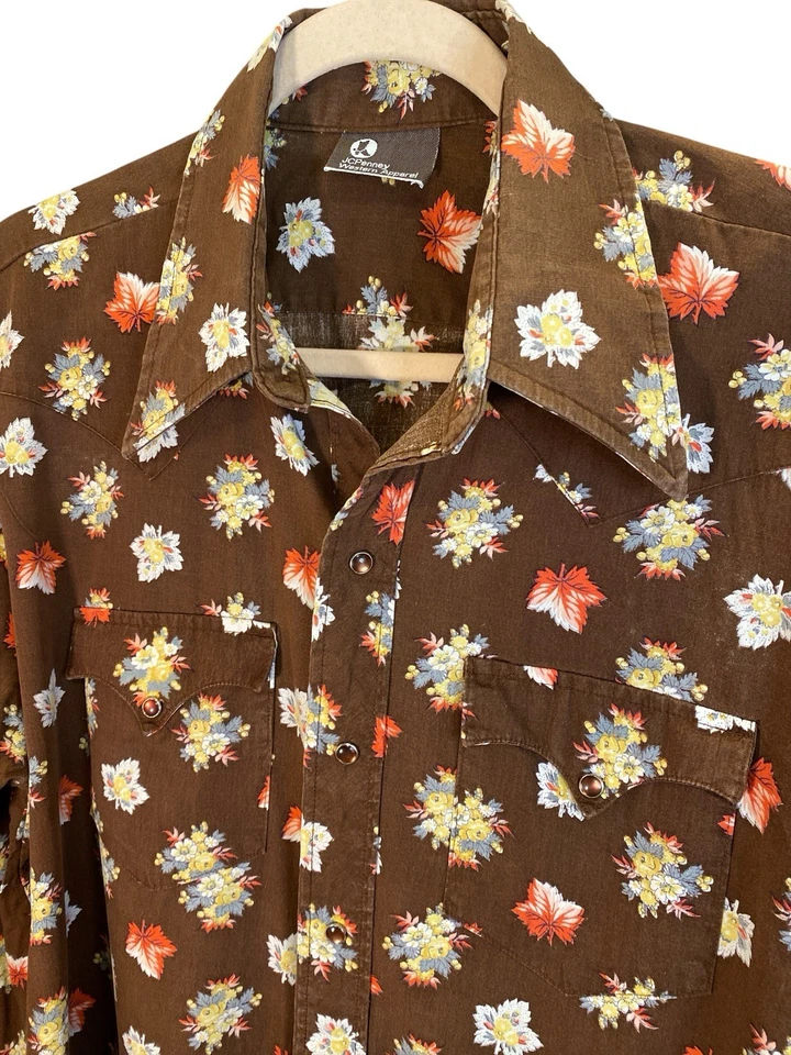 Camisa Occidental Floral Marrón Vintage Años 70 Para Mujer Cobre Perla Broches Boho Fest Foto 3 de 4