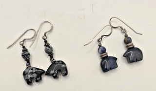 Vintage Fetish Bear Dangle Earrings Snowflake Obsidian/Sodalite& Sterling Silver