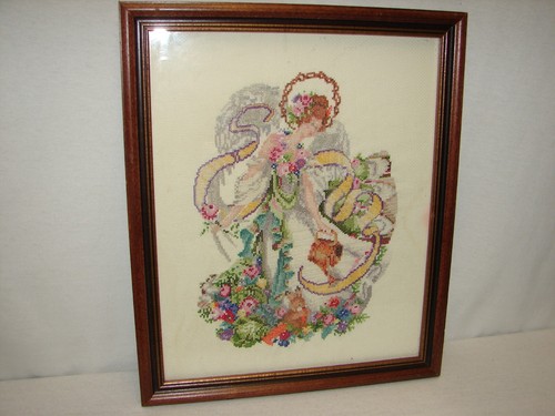 Handmade Cross Stitched Needlepoint Girl with Flowers Wood Framed Picture - Picture 5 of 5