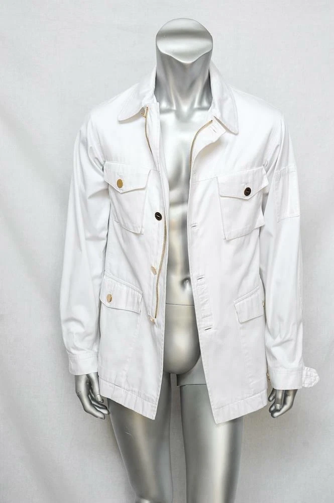 White denim jacket with gold buttons cheap