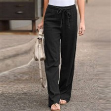Women Cotton Linen Trousers Straight Leg Casual Loose Summer Slacks Pants Plus