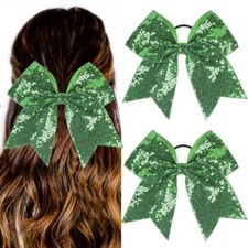 2 PCS 7" Large Glitter Cheer Bows Sequin Cheer Hair Bow Ties with Green Glitter