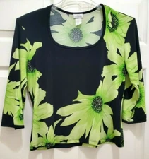 CDW Womens L Top Black Green Floral Creative Design Works