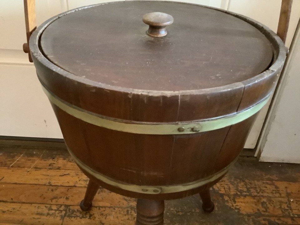 Vintage Mid Century Wood Firkin Bucket SEWING BASKET BOX 3 Legs tripod