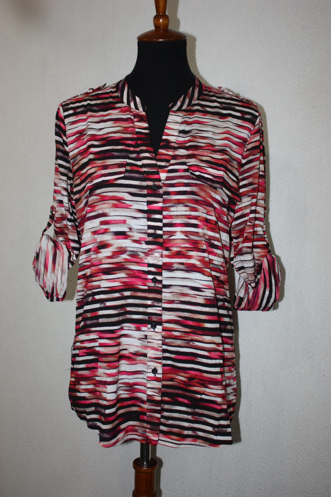Calvin Klein Sz M Red Art Stripes Button Front Tunic Blouse Mandarin Collar