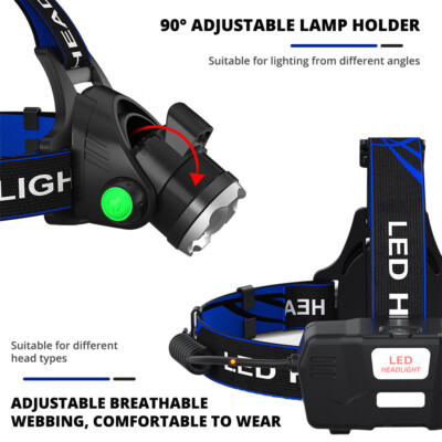 Lampe Frontale LED CREE T6 – Rechargeable USB – Zoom, 18650, étanche – Bleue/noire