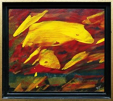 Jozsef Toth *1944: Feuriges Gelb auf Rot Abstraktion Öl-Lack-Gemälde 1990er J.